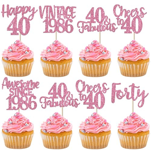 Xsstarmi 24 Pack Happy 40th Birthday Cupcake Toppers Pink Glitter Awesome Since 1986 Vintace Cupcake Picks for Cheers to 40 Fabulous Forty Birthday Party Cake Decorations Supplies