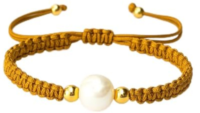 Genérico Pulsera Macramé Trenzada con Perla de Agua Dulce, ajustable; 25 cms ; Baño de oro (marron)