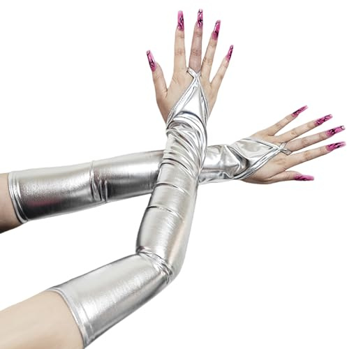 GWAWG Silver Metallic Gloves,Long Fingerless Metallic fingerless Patent Leather Shiny Elbow Length Gloves,Evening Opera Party Costume For Stage Cosplay Night Club