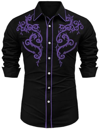 Modeewel Chemise western brodée à manches longues pour homme - Chemise de cowboy hippie sauvage - Carnaval - Fête à thème - Costume de cowboy - Col à revers - Chemise de loisirs, lilas, XL