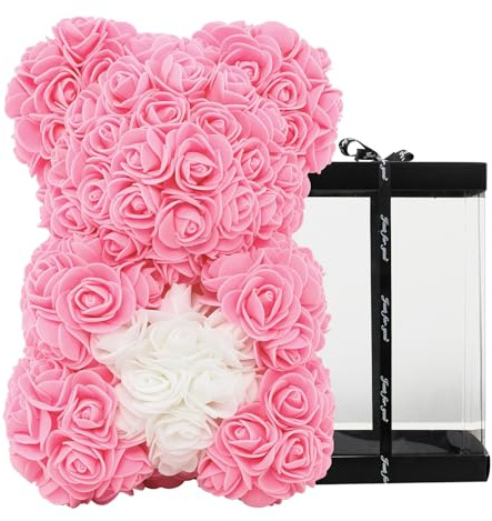 DuHouse Rose Bear Clear Gift Box 25cm Rose Teddy Bear(Pink-White Heart) | Fully Handmade Rose Flower Bear Clear Gift Box for Valentines Gifts Anniversary Christmas, Birthdays Bridal Showers