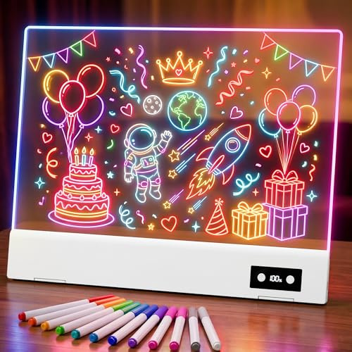 FLETUTE 16 Zoll LED Zeichenbrett, Wiederaufladbares Leuchtpult | 1500mAh Akku, 12 Modi Leuchttafel für Kinder, Abwischbares Acryl Memo Board mit 12 Markern