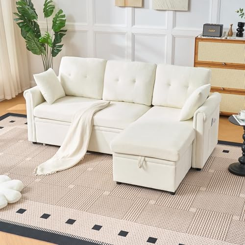 DRIXNO Ecksofa mit Schlaffunktion, 3-Sitzer Sofa mit Polsterhocker, Bettsofa mit Stauraum, Modernes L-Form Schlafsofa, Chaise Lounge, Eckcouch Loungesofa für Wohnzimmer, Schlafzimmer, Beige