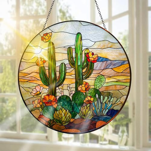 Pavemlo Cactus Attrape-Soleil en Vitrail, Décoration De Fenêtre Suspendue Plantes Attrape-Soleil Artisanal, Idéal pour Décorer Un Jardin, L'intérieur Ou L'extérieur, Cadeau De Noël 20 X 20 cm