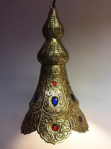 Marrakesch Orientalische Pendelleuchte Ilgin Gold 40 cm aus Messing mit Glaseinsätzen | Handgefertigte marokkanische Hängelampe | Warmes Lichtakzent über Esstisch Wohnküche
