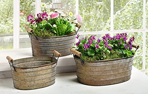 3er Set Metallwannen im Antik-Design, mit Holzgriffen, Blumenkübel, Pflanzkasten, Blumenkasten, Pflanzkübel, Pflanzgefäß, Garten-Deko für Draußen