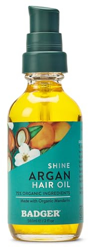 Badger Organic Argan Hair Oil, Restore a Healthy Shine to Dry Brittle Hair, Organic Moroccan Argan Oil Hair Moisturizer/Hair Serum, 2 fl oz Glass Bottle