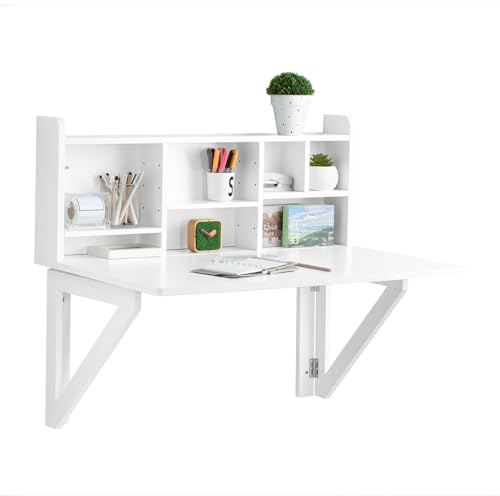 SoBuy Wall Mounted Folding Desk with Shelf, Small Folding Table for Laptop or Dining, Space Saving Wall Desk for Home Office, Kitchen or Bedroom, White, Approx. 90x78x60 cm FWT07-II-W
