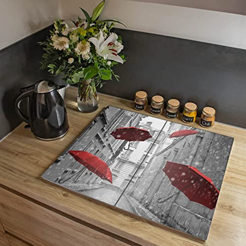 banjado Herdabdeckplatte Glas 2-teilig 60x52cm - Schneidebrett Herdabdeckung - Herdabdeckplatten Ceranfeld 2-teilig - Schneidebrett Glas - Motiv Rote Schirme
