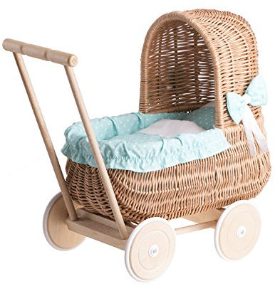 e-wicker24 Alles aus Weide Puppenwagen aus Weide mit Bettwäsche - perfekte Geschenkidee - Korbpuppenwagen, schöner Spielzeug aus Korbgeflecht (Natur, Mint)