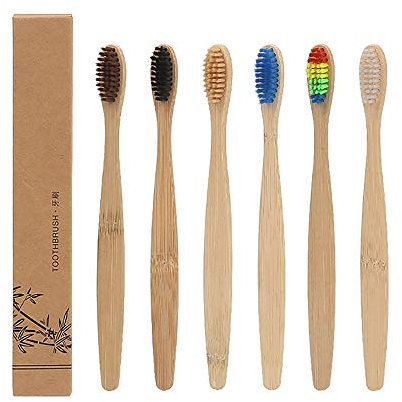 Bamboo Toothbrushes, 6 Pcs Ultra Soft Toothbrush with Medium Bristles, Organic Biodegradable Handle, Wooden, Vegan, Natural Organic Eco Friendly (Six Color)