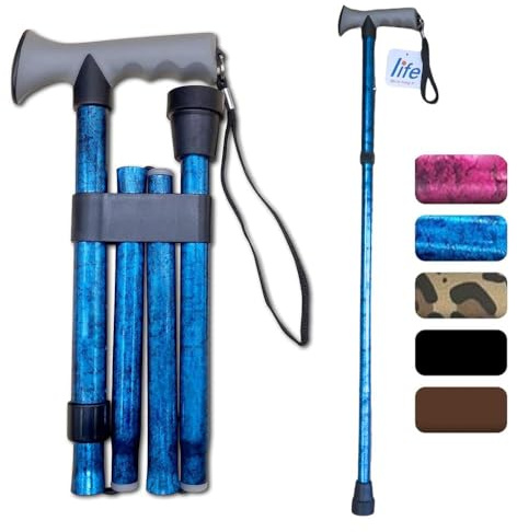 Life Healthcare Walking Stick Comfort Gel Handle For Arthritis, For Elderly Disabled, Folding Adjustable Height, Right Or Left Handed, With Non-Slip Rubber Tip, Wrist Strap, Lightweight Blue Crackle
