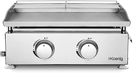 H.Koenig Griglia a gas PLX820, 2 bruciatori, acciaio inox, piastra da 5 mm, distribuzione uniforme del calore, temperatura fino a 350°C,lavabile in lavastoviglie, piedini antiscivolo