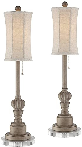 Regency Hill Bertie Rustic Traditional Buffet Table Lamps 28 Tall Skinny Set of 2 with Round Risers Natural Oatmeal Fabric Drum Shade for Bedroom Living Room Nightstand Bedside Night Stand Office
