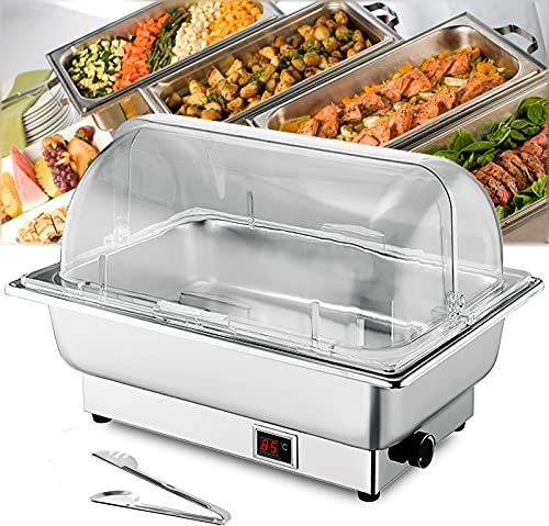 DBMGB Chafing Dish Elettrico Scaldavivande Acciaio Inox Professionale per Buffet And Ristorante Dell'hotel, Scalda Cibo per Buffet con Clip per Pasti e Schermo Digitale, Copertura Pieghevole a 90°