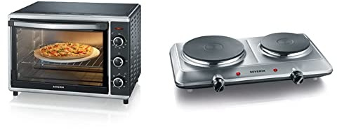 SEVERIN Back- und Toastofen mit Umluftfunktion, Mini Backofen mit Grillrost, Backblech, 1.800 W, schwarz, TO 2058 & Doppel Kochplatte für Küche, Büro oder Camping, Edelstahl, 2.500 W, KP 1014