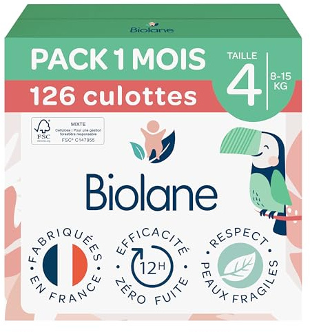 BIOLANE - Couches culottes - Taille 4 (8-15kg) - Zéro fuite pendant 12h - Pack 1 mois - 126 Couches Pants - Fabriquées en France