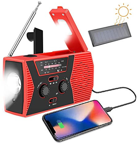 AeeYui Radio Portátil Solar, AM/FM/NOAA, Multifunción con Linterna LED, Batería de 2000 mAh, Rojo