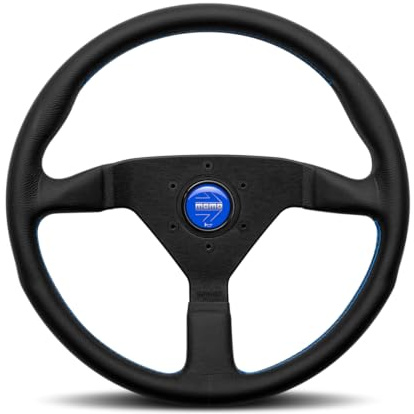 MOMO Motorsport Montecarlo Straßenlenkrad, schwarzer Ledergriff, gebürstetes schwarz eloxiertes Speichen-Finish, blaue Nähte, 350 mm