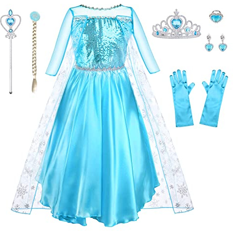 URAQT Kostüm Kinder Mädchen, 9-teiliges Set Kleid Kinder mit Krone Diadem Handschuhe Zauberstab für Weihnachten Verkleidung Karneval Halloween Geburtstag Party