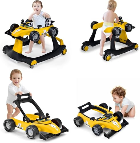 RELAX4LIFE 4 en 1 Andador para Bebés 6-18 Meses, Andador Plegable con Altura Regulable en 3 Niveles, Tacatá Bebés con Luces, Sonidos y Velocidad Controlable, 64 x 73 x 50,5-55,5 cm (Amarillo)