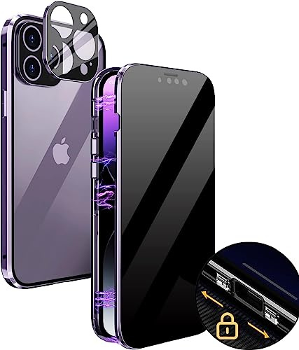 MIMGOAL Anti Spy Hülle für iPhone 14 Pro Max 360 Grad Magnetische Handyhülle mit Sichtschutz Blickschutz [Ganzkörper Schutzhülle mit kameraschutz] Gehärtetes Glas Privacy Anti-peep Case, Dunkellila