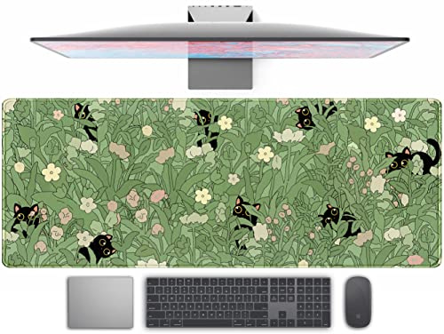 Söta gröna löv rosa blommor musmatta skrivbordsdyna Kawaii anime katt skrivbordsskydd dekor skrivbordsmatta, XL stor spelmusmatta för flicka kvinnor laptop dator tangentbord och musmatta 80 x 30 cm