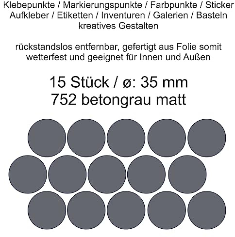 Aufkleber Etiketten Klebepunkte aus Folie 15 Stück grau betongrau matt rund 35 mm selbstklebend farbig wetterfest Decal Markierungen Organisieren DIY basteln verzieren Modellbau Scrapbooking