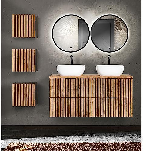Lomadox Badmöbel Set mit 3X Hängeschrank Doppelwaschtisch 121/57/46,5 cm Keramik Waschbecken Spiegel Touch Bedienung anthrazit Eiche Nb. Front Rillen schwarz