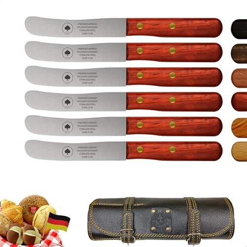 Solingen Messer 6er Set inkl. hochwertiger Ledertasche, edler Padouk Holzgriff, Premium Buckelmesser, Frühstücksmesser, Brötchenmesser, rostfreie Klinge, extra scharfes Küchenmesser