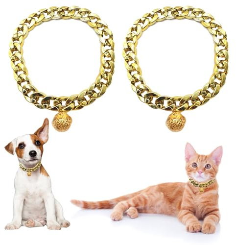 Fayemint 2 Stücke Gold Katzenhalsband, Gold Welpenhalsband mit Glocke, Haustier-Schmuckhalsband, für Haustier Cosplay Kostüm Foto Requisiten