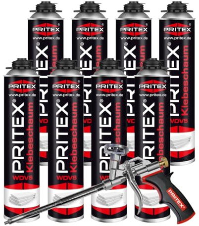 PRITEX WDVS Klebeschaum Set, 8x 750ml Dämmstoffkleber inkl. Pistole