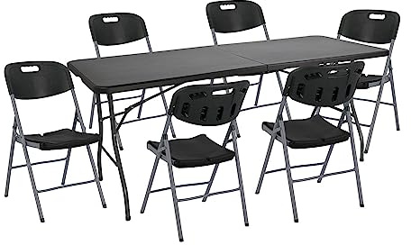 THINIA HOME Conjunto Plegable Mesa 180cm y 6 Sillas con Asa Catering