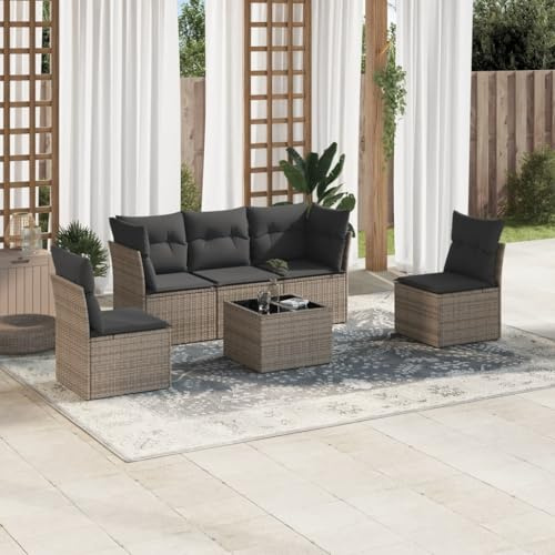 LAPOOH 6-TLG. Garten-Sofagarnitur mit Kissen Grau Poly Rattan, Lounge Gartenmöbel Set, Möbelsets, Balkon Möbel, Gartenlounge, Gartensofa - 3249199