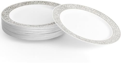 MATANA 100 Premium White Plastic Dinner Plates with Silver Lace Rim, 26cm / 10 Inch - Elegant & Reusable Party Tableware for Weddings, Birthdays, Picnic, BBQ, Parties