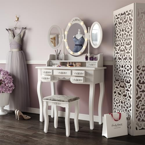 Vicco Schminktisch Diana, Weiß, 90 cm | mit Beleuchtung und Hocker, mit LED-Beleuchtung und Hocker, höhenverstellbarer Spiegel