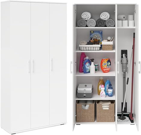 Bellamio Apol Mehrzweckschrank Weiß – Besenschrank 90 cm breit mit Stauraum – Putzschrank mit Staubsaugerfach – Vorratsschrank Küche - Aktenschrank aus Holz - Flurschrank – Aufbewahrungsschrank