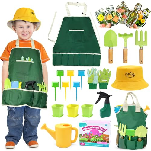 Childrens Gardening Sets,Garden Set for kids include Rake,Fork,Trowel,Hat ,Watering Can,Gloves,Tote Bag,Plant pots, DIY Bookmark Kits, for Toddler Boy Girl