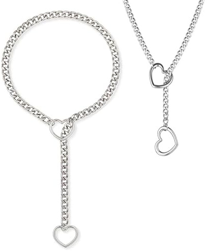 KIKIATA Love Shackles Necklace, Heart O-ring Slip Chain Necklace, Handmade Punk Cuban Link Chain Necklace Jewelry Adjustable Chunky Y-Necklace For Women Men(Silver)