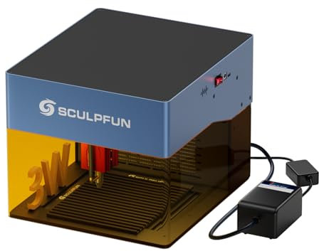 SCULPFUN iCube 3W laser graviermaschine, mit Air Assist Kit, mini lasergravierer mit Rauchfilter, Sculpfun APP Gravur, Gravurgeschwindigkeit 10000 mm/min, Temperatur alarm, 130x130 mm Gravurbereich