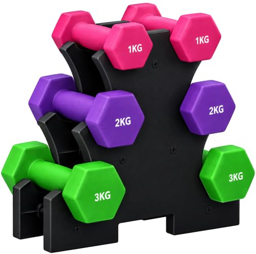 SPORTNOW Juego de Mancuernas 12kg Total Hexagonal con Soporte Multicolor | Set de Mancuernas, 2 x1kg 2 x2kg 2 x3kg, Almacenamiento, Ejercicio, Entrenamiento en Casa, Gimnasio