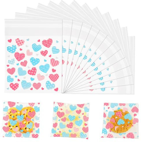 FINEASY 200 Stück Cellophantüten Selbstklebend, Herzförmige Durchsichtige Kekstüten 10 x 10cm, Kekstüten Verpackungstüten, kleine Tüten für Süßigkeiten, Kekse, Schmuck und Desserts (Rosa-Blau)