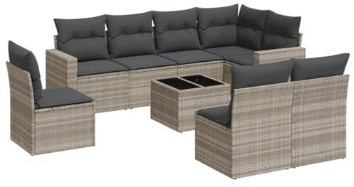 vidaXL Garten Sofagarnitur mit Kissen 9-TLG., Gartenmöbel Gartengarnitur, Sitzgruppe Sitzgarnitur, Lounge Sofa Garnitur Terrasse, Hellgrau Poly Rattan