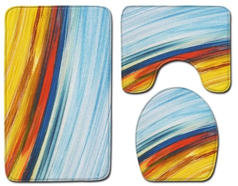Bad Teppiche Set 3-Teiliges Retro Blau Gelb WC Vorleger Mit Ausschnitt Badematte Saugfähig WC Deckelbezug Badvorleger rutschfest Waschbar Toilettensitzbezug Badgarnitur (50x80cm)