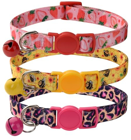 MarukoPet Katzenhalsband mit Sicherheitsverschluss und Glöckchen, Verstellbar Halsband Katze Kitten, 19-30cm, 3-Stück(Set C) | Mit Bienen-Erdbeer-Rosa-Leopardenmuster, verstellbar, 19,1–30,5 cm, mit Sicherheitsschnalle für Kätzchen und Katzen