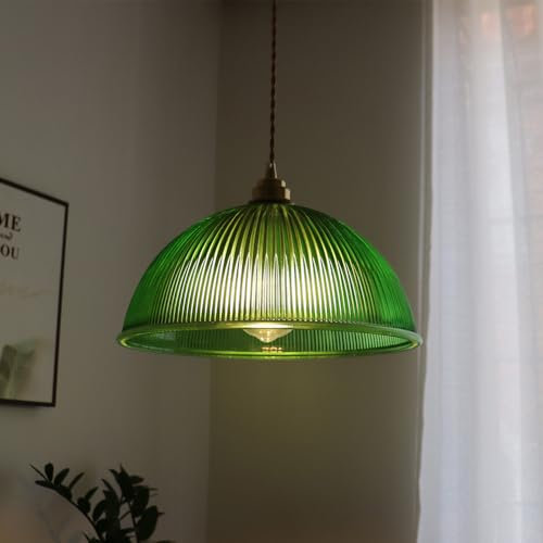 ITETONE Modern Green Striped Glass Pendant Light Large Dome Pendant Lighting Fixture Cone Ribbed Glass Ceiling Hanging Lamp Vintage Chandelier For Kitchen Island Bedroom Dining Room Cafe Bar