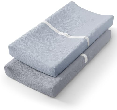 Blissful Diary Muslin Changing Pad Cover for Girls Boys, Ultra Soft Breathable Cotton, Baby Diaper Change Table Pad Covers, 2Pack (Light Blue&Grey)