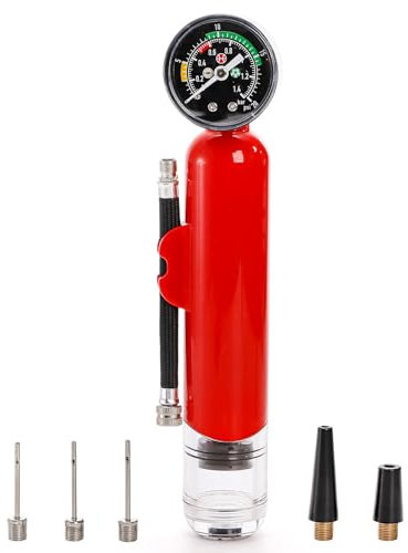 Lawei Ball Pump with Pressure Gauge, Dual Action Sports Ball Compact Pump with Needles and Nozzles, Portable Air Hand Pumps Little Pumps for Basketball, Football, Soccer Ball, Rugby, Volleyball, Red