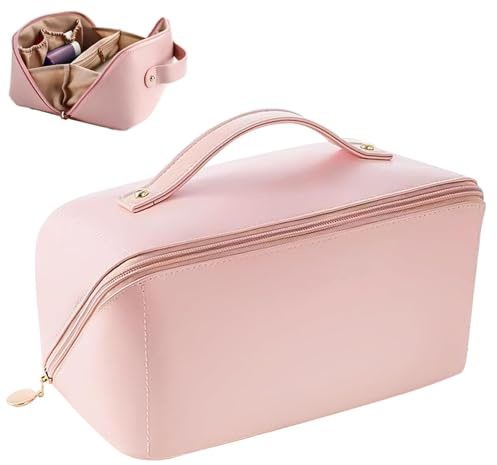 Large Capacity Cosmetic Bag, Portable Travel Makeup Bag, Makeup Organiser Toiletry Bag, Waterproof PU Leather Wash Bag with Handle and Compartments for Women Girls (Pink)