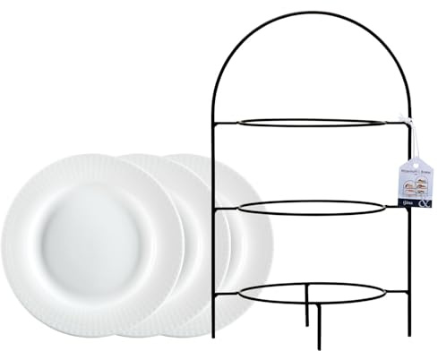 Ritzenhoff & Breker Tjäna Etagère 3-stufig mit Tellern, 37 cm, Servierturm inkl. 3 Dessertteller Sofia (20 cm), Spülmaschinenfest, Metall/Porzellan, Schwarz-Weiß